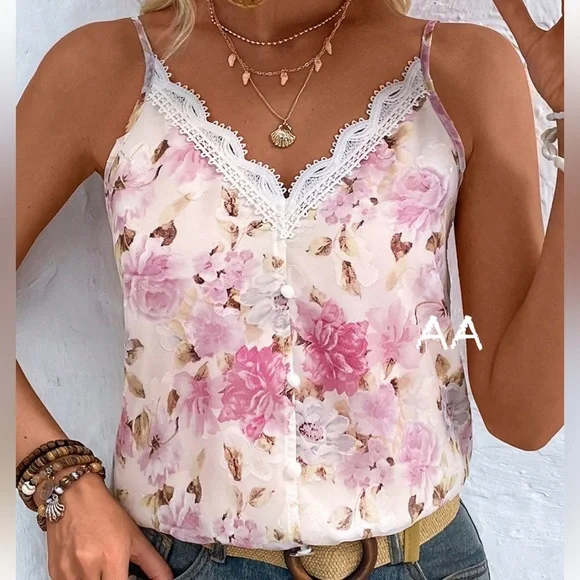 Classic Elegant Sheer Mesh Lace V Neck Cami Tank Top Blouse Shirt - Picture 2 of 10